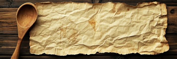 Rustic Cookery Scene: Wooden Spoon and Recipe on a Textured Wood Backdrop for Cookbook Design