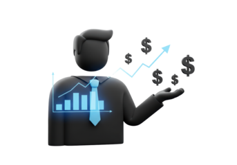 Isolated 3D Render of a Businessman with Growth Chart and Rising Money