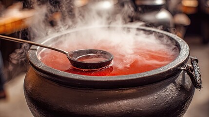 Close Up View Of A Steaming Dark Metal Cauldron Filled With A Rich Red Liquid, Evoking A Sense Of Mystery And Magic In A Dark And Moody Setting. The