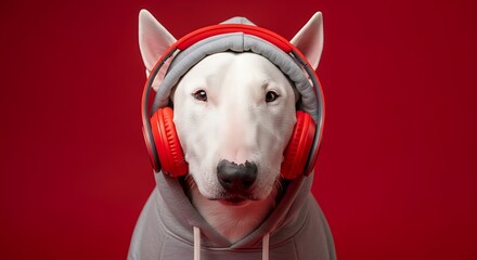 Close up of a bull terrier wearing red headphones and a gray hoodie against a red background