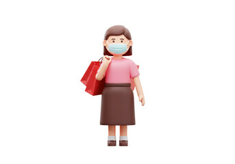 Isolated 3D Render of a Woman Wearing a Face Mask and Holding Shopping Bags