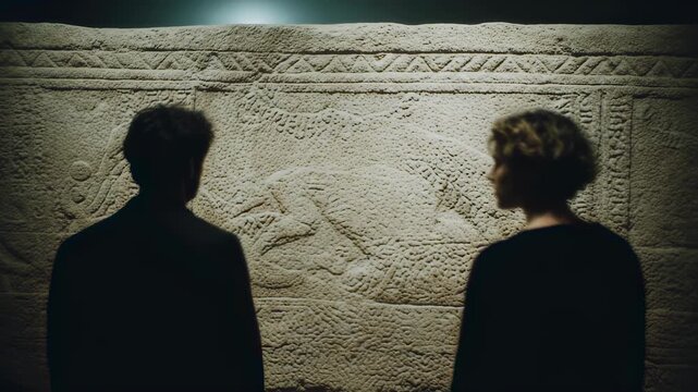 Two silhouettes examining ancient Egyptian hieroglyphs on stone wall. Museum visitors studying historical artifacts. Archaeological discovery concept. Educational tour.