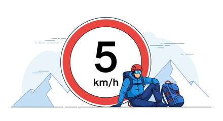 Climber Resting Near A Warning Sign Indicating A Speed Limit Of 5 Kilometers Per Hour