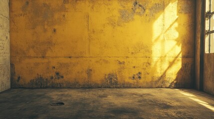 An old yellow wall with peeling paint and sunlight streaming through a window in an empty room