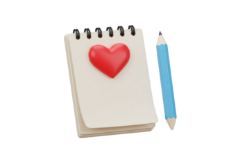 Isolated Spiral Notebook with Red Heart and Pencil, Love Notes Concept