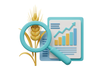 Isolated Magnifying Glass and Document with Growth Chart and Wheat Stalk, Agricultural Analysis Concept