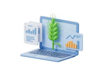 Isolated Laptop Displaying Growth Charts and Wheat Stalk, Agricultural Technology Concept