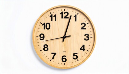Minimalist Wooden Wall Clock Showing 10:00 Isolated on White Background