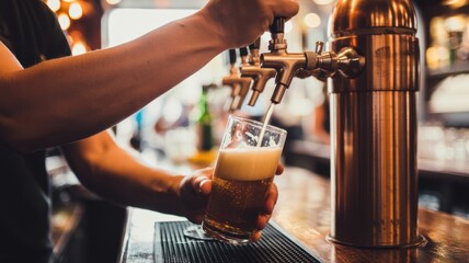Bartender pouring craft beer; copper tap, warm lighting, pub atmosphere.