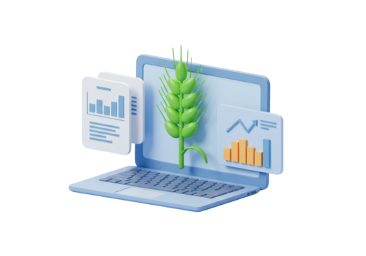 Isolated Laptop Displaying Growth Charts and Wheat Stalk, Agricultural Technology Concept