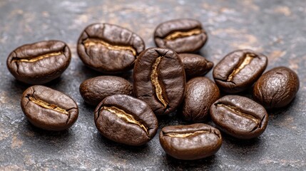 Fototapeta premium A close up of several roasted coffee beans scattered on a textured dark gray surface in soft lighting