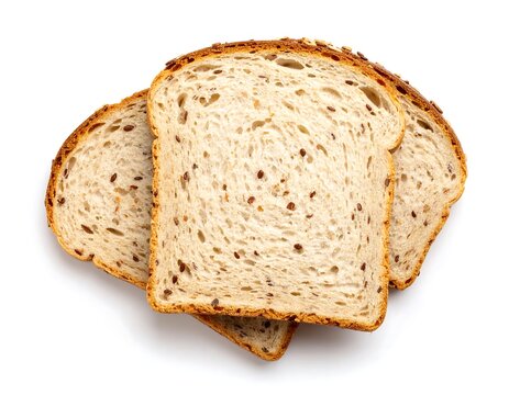 Two slices of multigrain bread, slightly overlapping, on a white background - Powered by Adobe