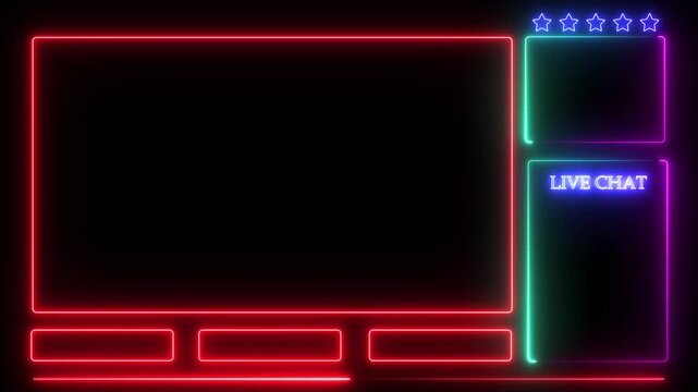 Animated Neon Intermission Stream Overlay &ndash; Looping Facecam & Chat HUD. Features a looping facecam, chat display, and stylish HUD elements, including frame borders and viewfinder animation.