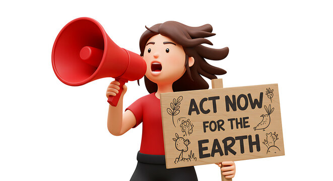 A passionate call for environmental action from a woman holding a sign and megaphone. 