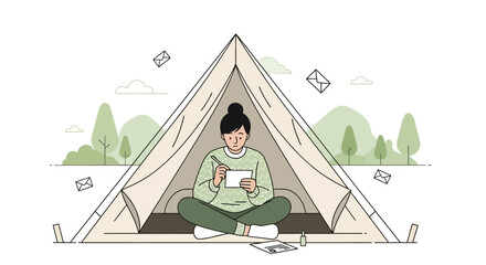 Cozy Camping Retreat Woman Writing Letters Inside A Tent Away From It All