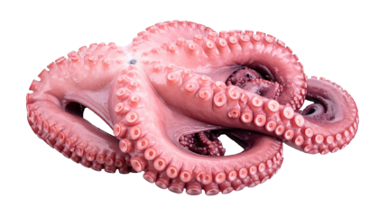 Fresh octopus with tentacles curled on transparent background