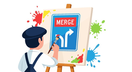 Creative Artist Paints A Merge Traffic Sign On A Canvas With Splashes