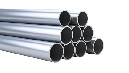 Stack of metal pipes creating industrial geometric pattern on transparent background