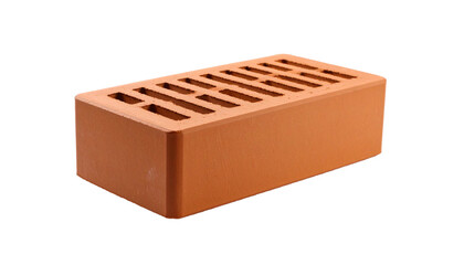 Single red clay brick with holes on transparent background