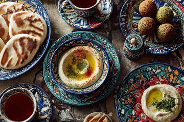Middle Eastern breakfast hummus falafel pita bread labneh with olive oil mint tea colorful ceramic plates