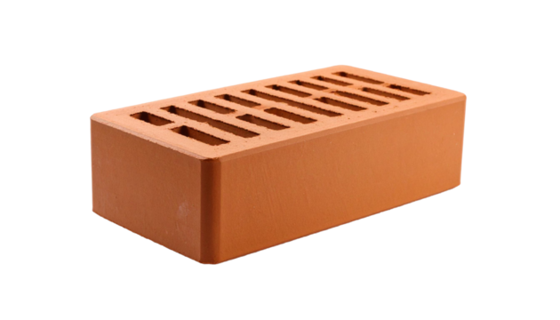 Single red clay brick with holes on transparent background