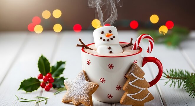 Festive christmas scene featuring a marshmallow snowman in a mug with cookies and decorations