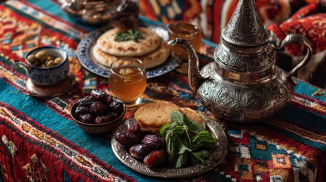 Moroccan breakfast table msemen flatbread amlou spread dates olives mint tea in ornate silver teapot colorful textiles