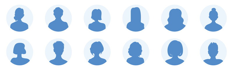 Silhouette head, avatar face, person icon people. Male and female profile. Vector illustration set