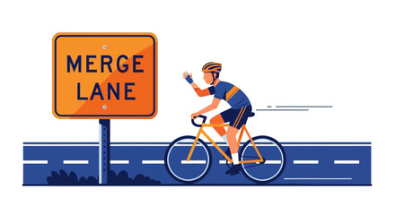 Obraz premium Cyclist Riding On Bike Path Merging Into Traffic Lane Safety First