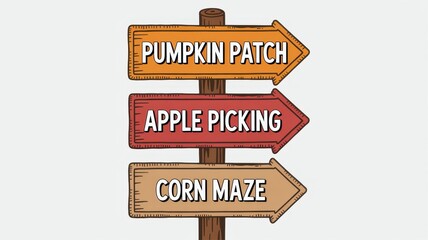 Rustic Fall Harvest Signpost: Pumpkin Patch, Apple Picking, Corn Maze; Hand-Drawn, Autumnal Theme