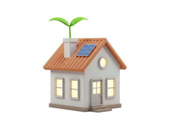 Isolated 3D Eco-Friendly House with Solar Panel and Green Sprout