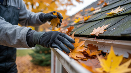 Autumn Home Maintenance: Gloved Hands Cleaning Fall Leaves from Gutters