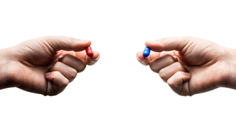 Hands holding red and blue pills against background choice decision isolated on a transparent background