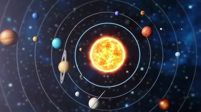 Vibrant Solar System Model with Sun, Planets, and Orbital Paths in Deep Space