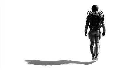 A Monochrome Image Of A Spacewalker On A White Background, The Figure Is Wearing A Spacesuit And Carrying Equipment, The Figure Casts A Shadow On The