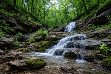Lush waterfall cascading down rocky terrain