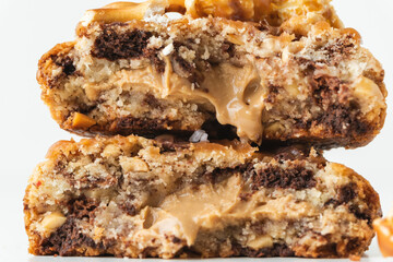 Close up shot of broken in half fresh chocolate American chip cookie decorated with salted camel and caramel popcorn. Cookies with peanut butter filling inside on the white background.