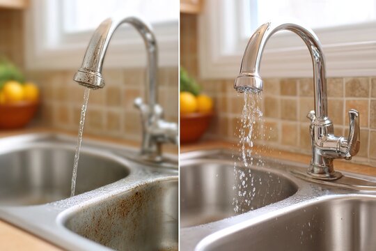 Before and after cleaning a kitchen faucet and sink showing improved water flow