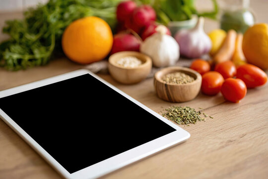 Cooking on a wooden kitchen counter with fresh ingredients and a tablet for recipes and tips