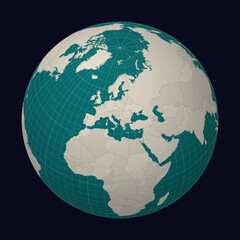 Montenegro on the map. Globe centered to Montenegro. Country location on the world map. Teal Pale Mint color palette. Globe with countries, meridians and parallels. Awesome vector illustration.