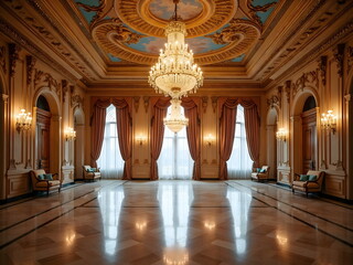Historic grand ballroom interior with chandeliers and columns