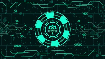 Futuristic technology interface with gear mechanism, circuit board, and digital network, representing advanced engineering and data processing in a modern design - Powered by Adobe
