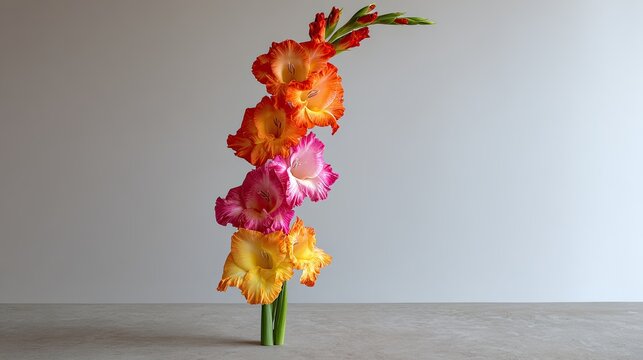 Close Up View Of Colorful Gladiolus Blooms On A Light Gray Surface Against A Neutral Background, Detailed Floral Photography