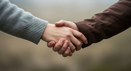 Two hands shaking one in a grey sweater the other in a brown jacket against a blurred neutral backdrop