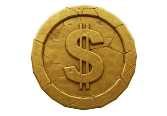 Isolated 3D Render of an Ancient Golden Dollar Coin with Cracked Texture, Financial History and Wealth