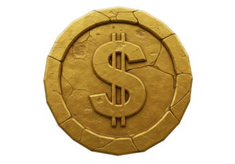 Isolated 3D Render of an Ancient Golden Dollar Coin with Cracked Texture, Financial History and Wealth