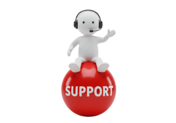 Isolated 3D Render of a White Stickman Character with Headphones and Microphone Sitting on a Red 'Support' Ball, Customer Service Concept