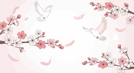 Fototapeta premium Delicate Cherry Blossoms And Flying Doves Create A Serene Floral Background