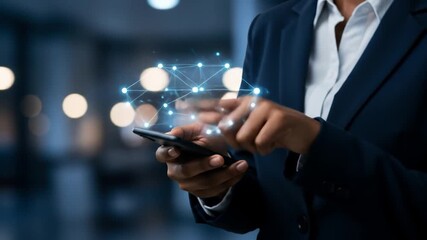 Digital network interface on mobile device glowing nodes and lines business technology communication - Powered by Adobe