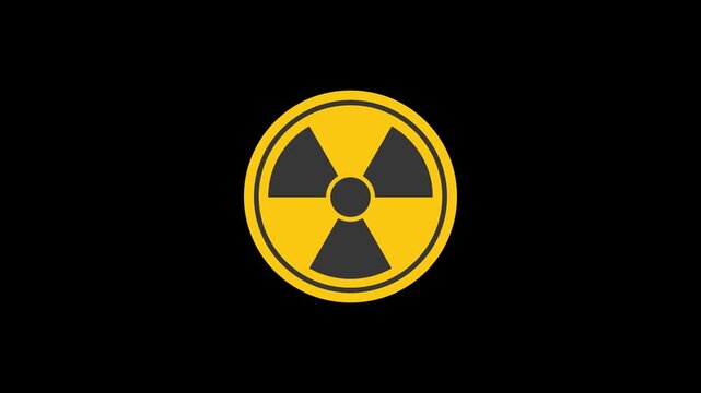 Radiation hazard warning sign animation with alpha channel. Yellow and black nuclear danger symbol isolated on transparent background. Safety toxic alert icon loop for science, industry